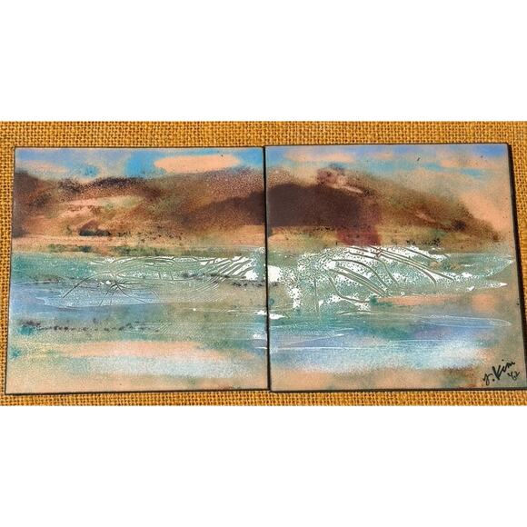 MCM Art Enamel On Copper Painted Tiles On Burlap Wood Tray Frame Signed KIM VTG - Picture 2 of 8